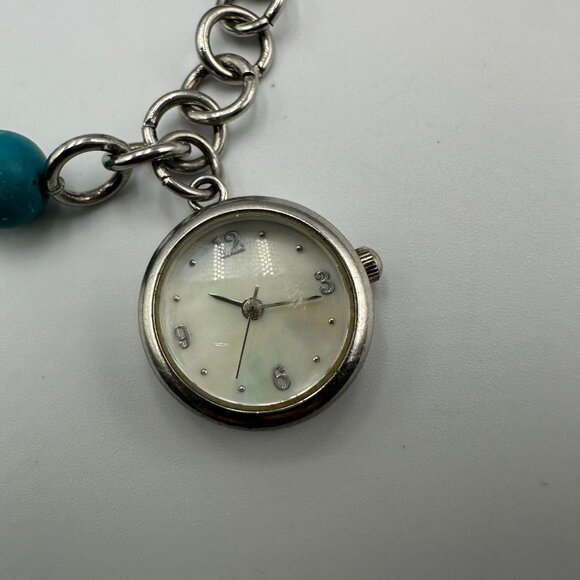 Beaded Bracelet Charm Watch Silver Tone Faux Turquoise Mother of Pearl Dial - Picture 4 of 9